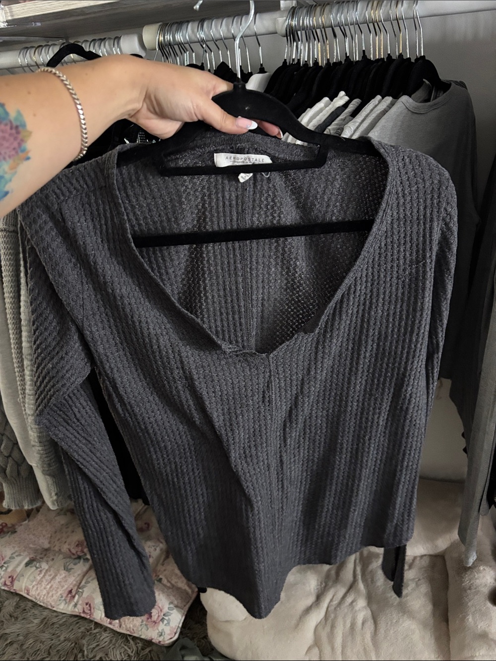 Aeropostale Dark Charcoal Waffle V-Neck Long Sleeve Top